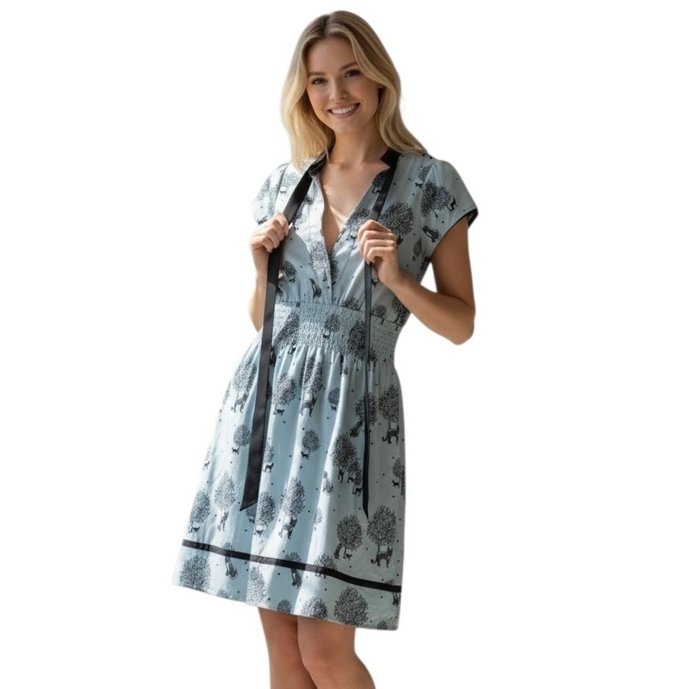 Yumi‎ Light Blue Cat Tree Print Smocked Waist Tie Neck Dress US 8-10